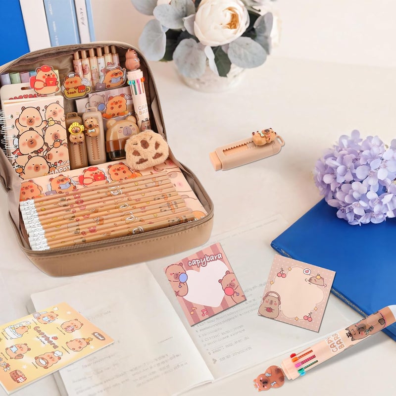 Lebaley Capybara Gifts - 27PCS Capybara Pencil Case，Capybara Stationery Set，Cute Back to School School Supplies，Pencil Bag include Gel Pens Pencil Sticky Notes Pins Notebook Card Holder Key Chain - Image 4
